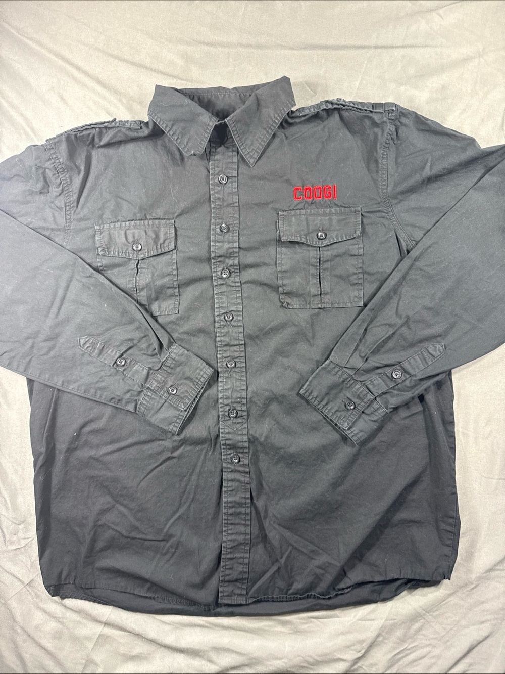 COOGI Men's Black Long Sleeve Button-Down Shirt with Red Logo
